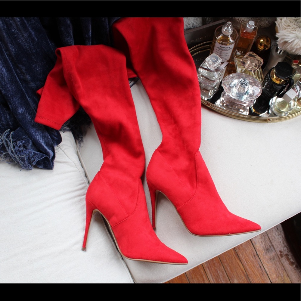 DollsKill Hot red knee high heeled boot